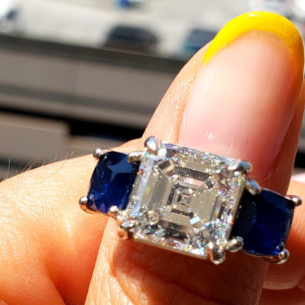Asscher Cut Diamond Ring with Sapphire Side Stones